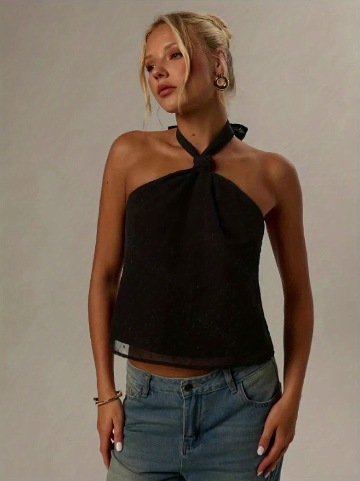 Elegant Black Swiss Dot Halter Top for Women with Twist Neck Open Back Cropped Flowing Style