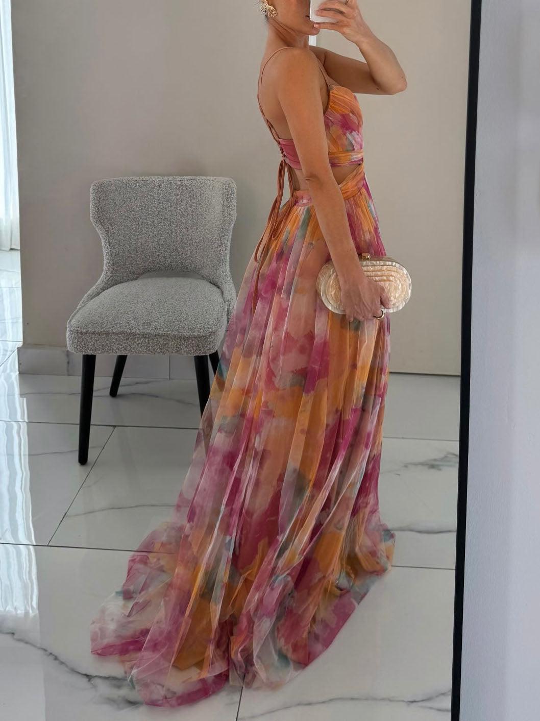 Elegant Watercolor Floral Maxi Dress for Women with V Neck Spaghetti Strap Crisscross Waist Wedding Guest Style