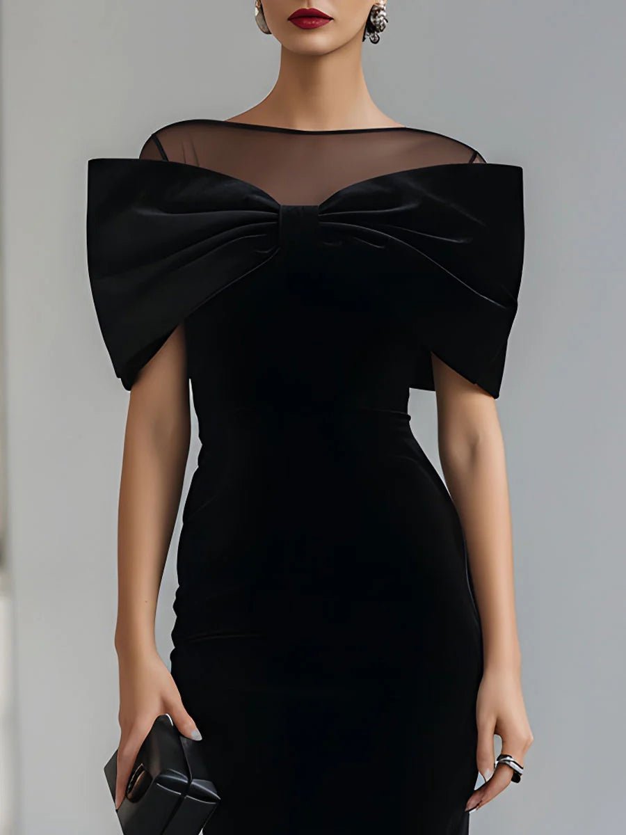 Elegant Black Velvet Midi Dress for Women with Illusion Neck Off Shoulder Bow Bodycon Cocktail Style