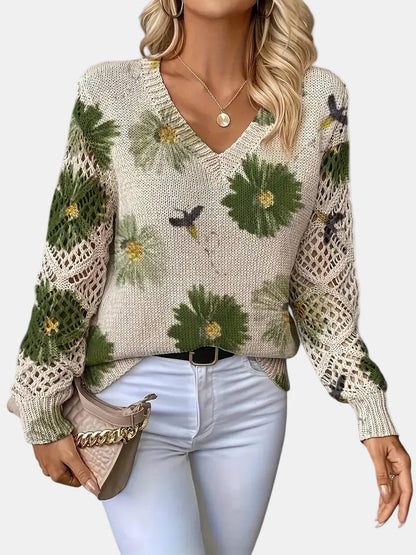 Comfortable Floral Crochet Sweater for Women with V Neck Long Sleeve Relaxed Oversized Knit Style