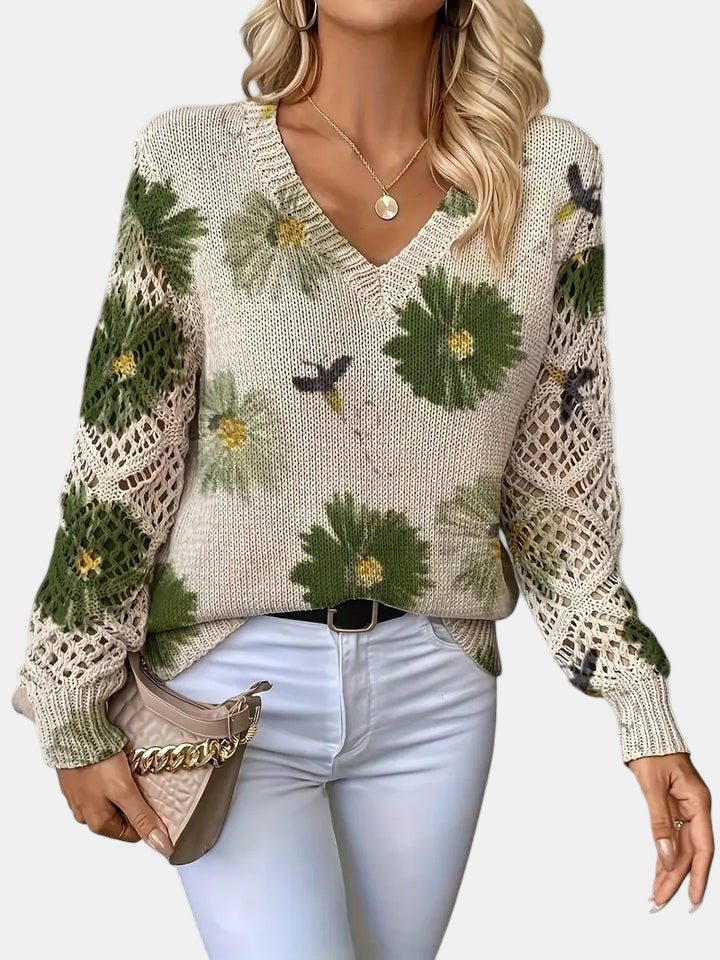 Comfortable Floral Print Sweater for Women with V Neck Long Sleeve Crochet Panel Oversized Knit Style