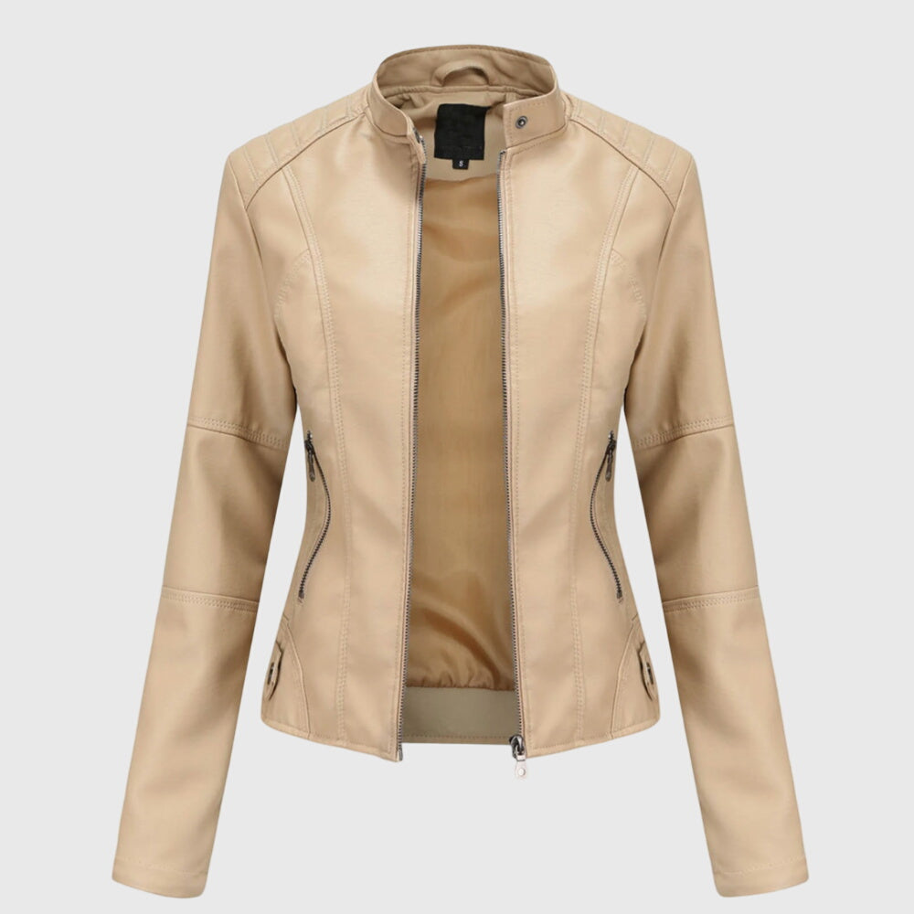 Elegant Leather Moto Jacket for Women with Stand Collar Long Sleeve Quilted Fitted Style