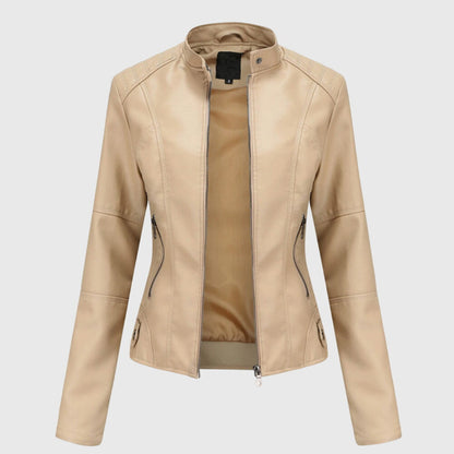 Elegant Leather Moto Jacket for Women with Stand Collar Long Sleeve Quilted Fitted Style