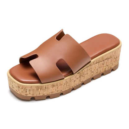 Comfortable Slide Sandals for Women with Cut Out Wide Strap Cork Platform Open Toe Style