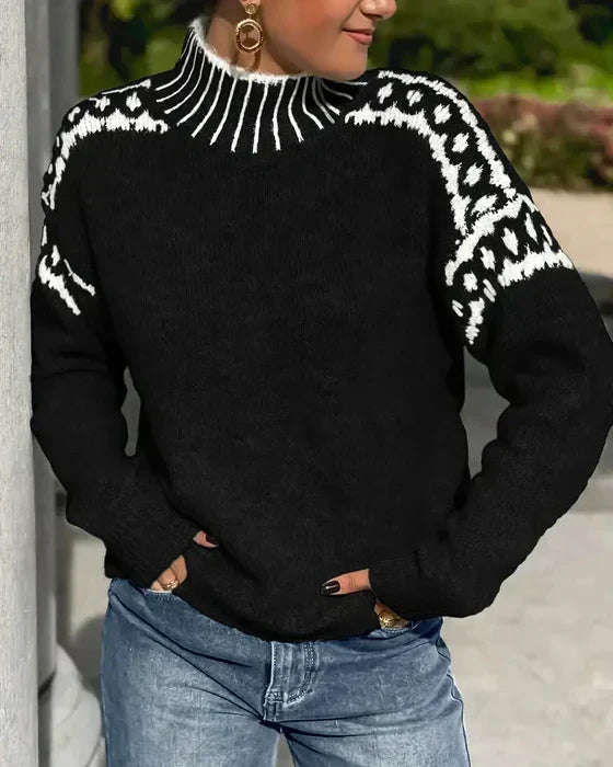 Comfortable Fair Isle Sweater for Women with Mock Neck Long Sleeve Oversized Knit Style