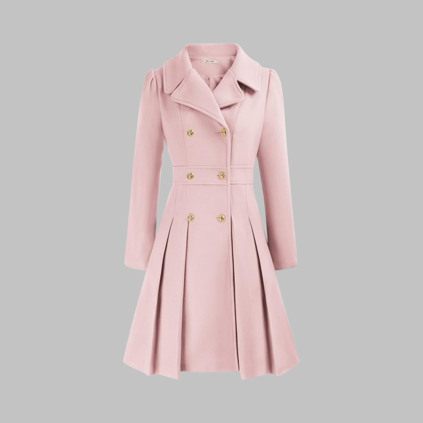 Elegant Wool Coat for Women with Notched Lapel Long Sleeve Double Breasted Pleated Flare Style