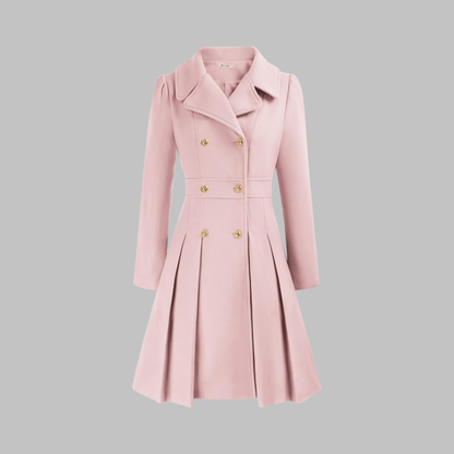 Elegant Wool Coat for Women with Notched Lapel Long Sleeve Double Breasted Pleated Flare Style