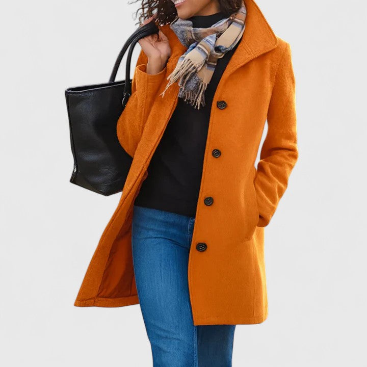 Elegant Wool Pea Coat for Women with Notch Collar Long Sleeve Button Front Longline Casual Style