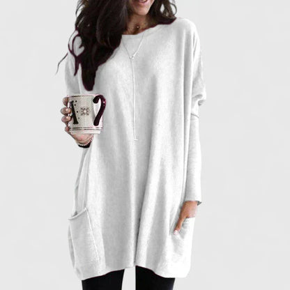 Comfortable Oversized Tunic Top for Women with Round Neck Long Sleeve Relaxed Pocket Casual Style