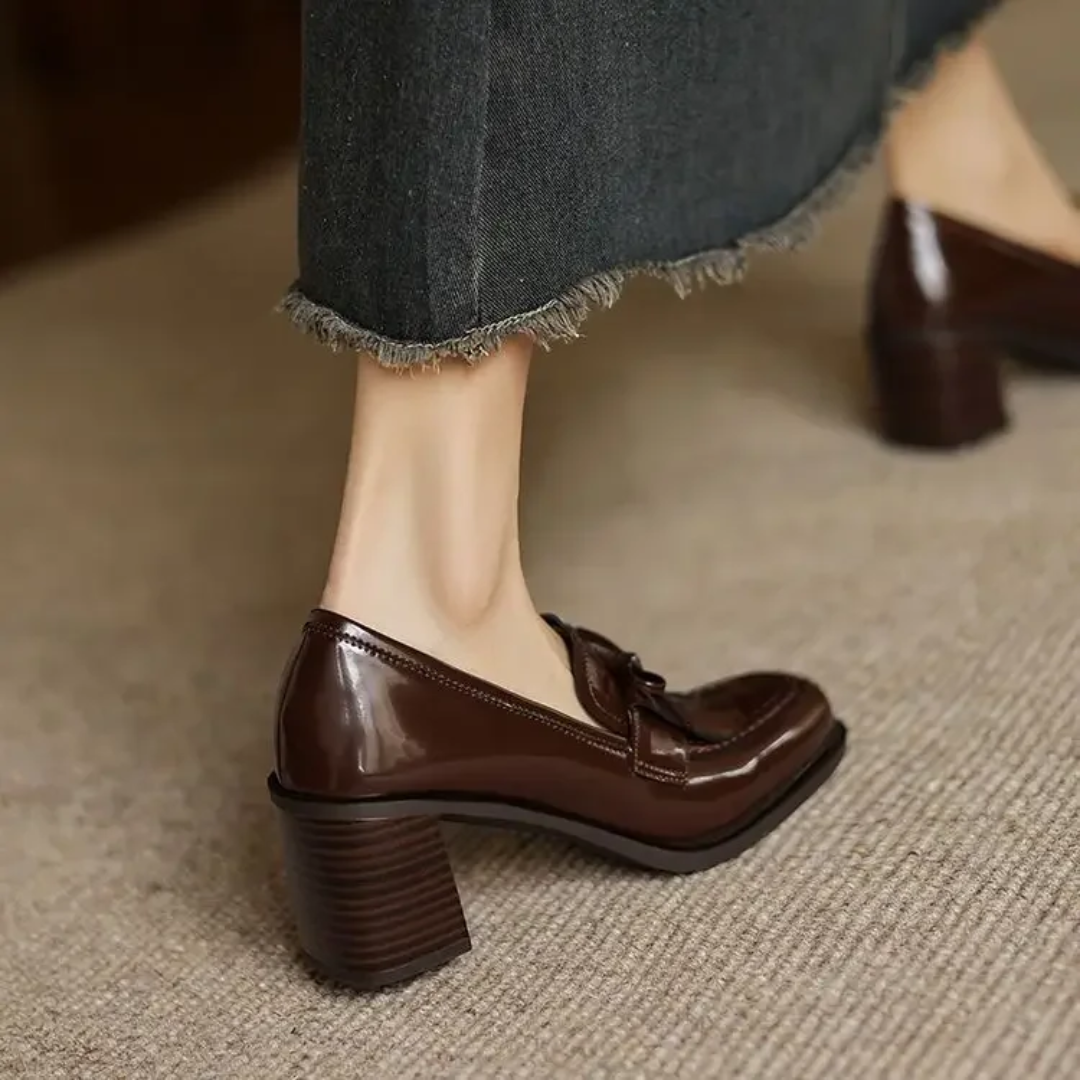 Elegant Patent Leather Tassel Loafer for Women with Round Toe Block Heel Chic Style