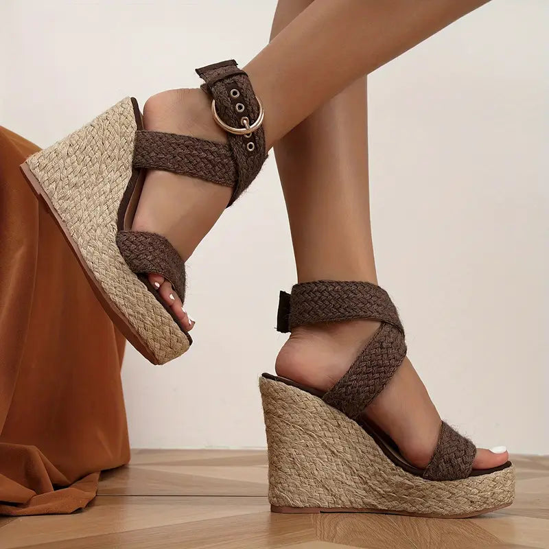 Comfortable Espadrille Wedge Sandals for Women with Buckle Ankle Strap Woven Platform Open Toe Style