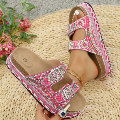 Comfortable Slide Sandals for Women with Printed Double Buckle Strap Platform Open Toe Style