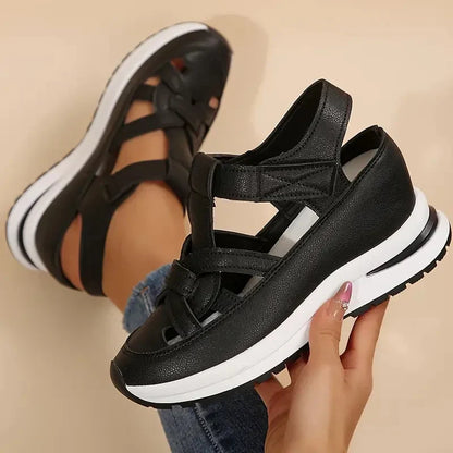 Comfortable Closed Toe Sandals for Women with Cutout Strap Platform Sole Hook Loop Sport Style
