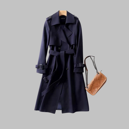 Elegant Double Breasted Trench Coat for Women with Notched Lapel Long Sleeve Belted Flowing Style