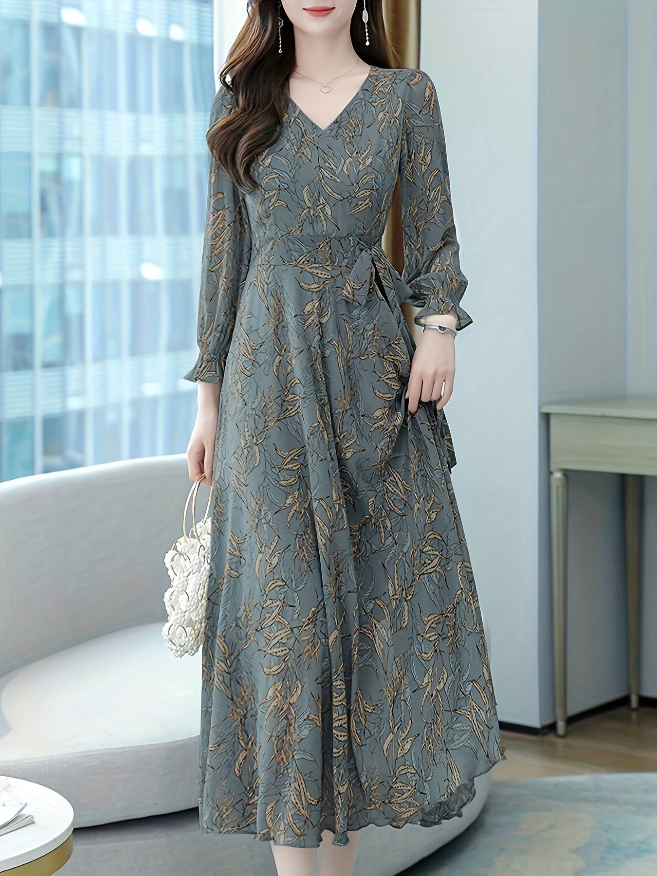 Elegant Sage Green Leaf Print Maxi Dress for Women with V Neck Long Sleeve Tie Waist Flowing Wedding Guest Style