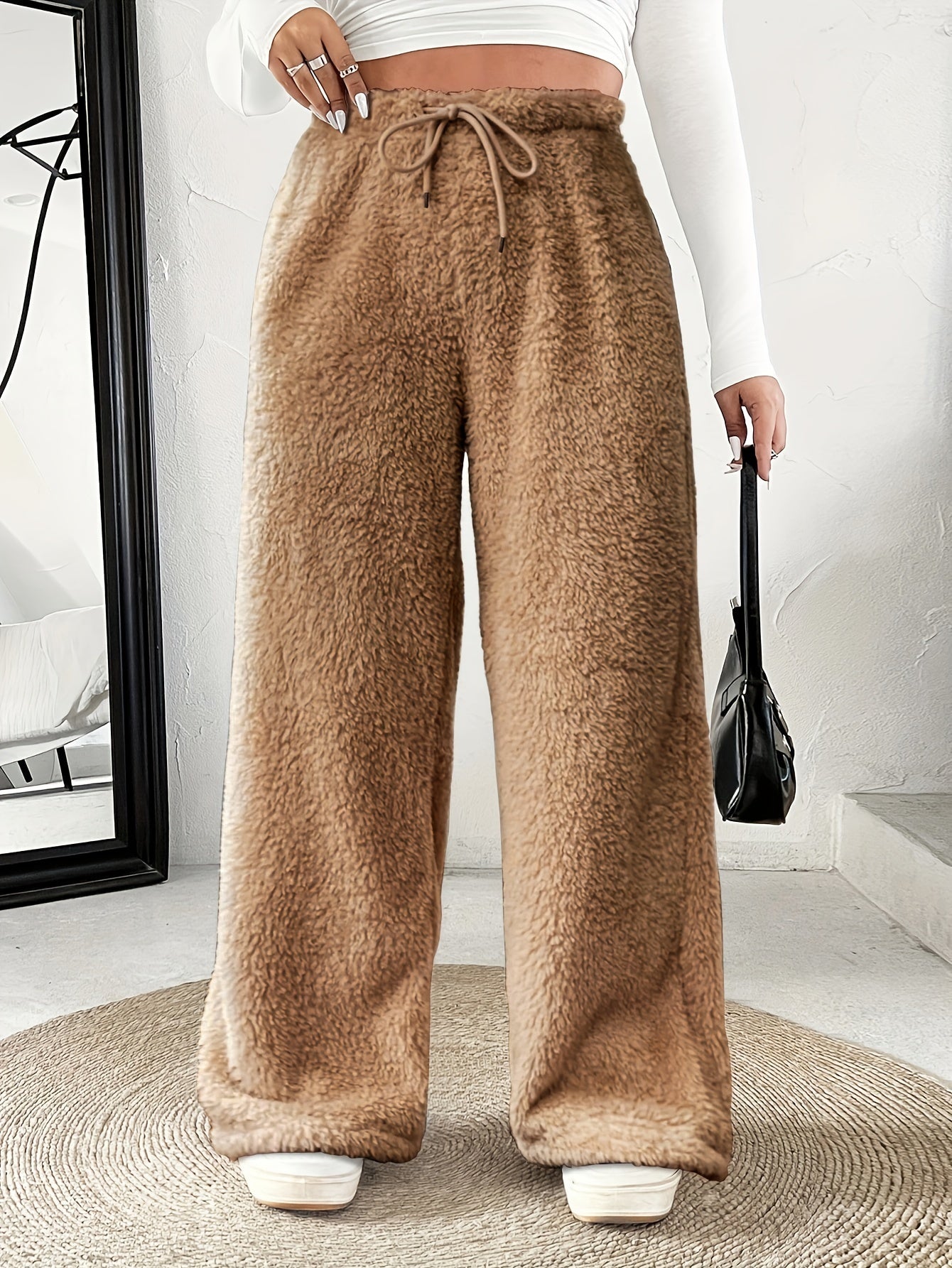 Comfortable Fuzzy Fleece Wide Leg Pants for Women with High Waist Drawstring Relaxed Casual Style