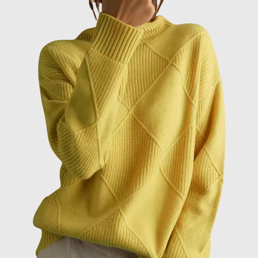 Comfortable Diamond Knit Turtleneck Sweater for Women with High Neck Long Sleeve Relaxed Oversized Style