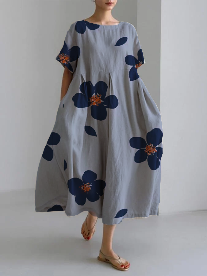 Elegant Blue Floral Maxi Dress for Women with Round Neck Short Sleeve Oversized Pleated Flowing Style