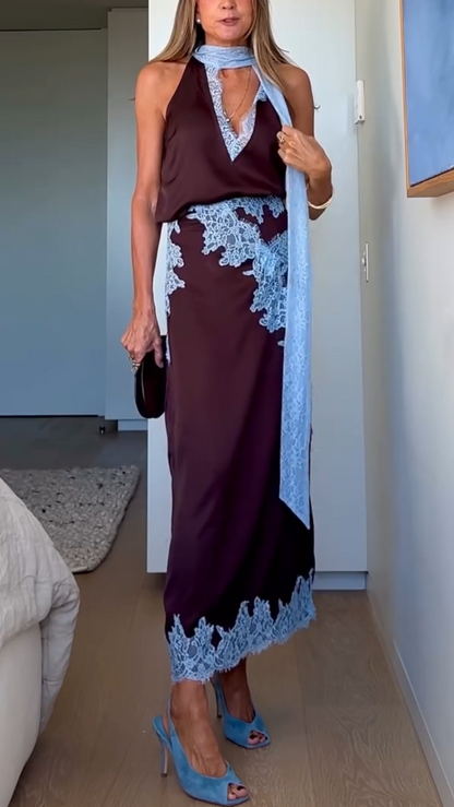 Elegant Brown Lace Trim Two Piece Set for Women with Halter Neck Sleeveless Maxi Skirt Wedding Guest Style