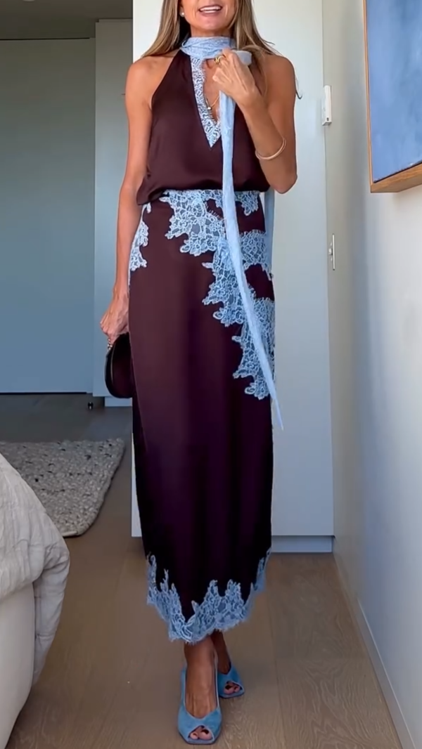 Elegant Brown Lace Trim Two Piece Set for Women with Halter Neck Sleeveless Maxi Skirt Wedding Guest Style