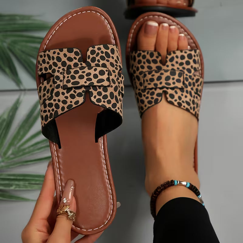 Comfortable Flat Sandals for Women with Cut Out Wide Strap Slip On Open Toe Style
