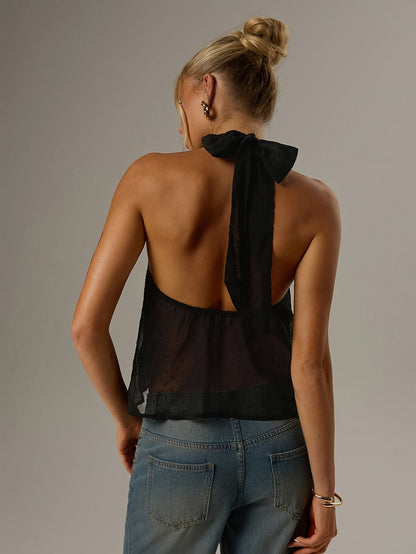Elegant Black Swiss Dot Halter Top for Women with Twist Neck Open Back Cropped Flowing Style