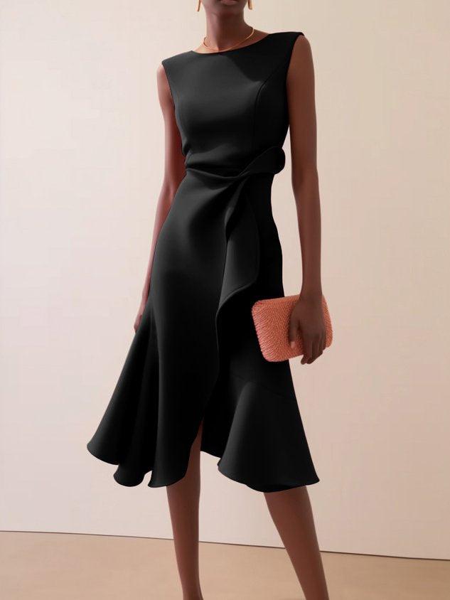 Elegant Draped Sheath Midi Dress for Women with Boat Neck Sleeveless Ruffle Hem Cocktail Style
