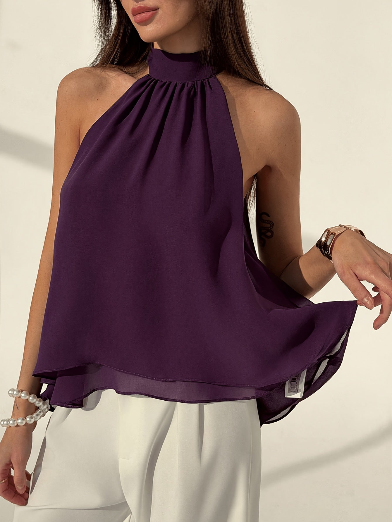 Elegant Purple Chiffon Blouse for Women with Halter Neck Sleeveless Flowing Silky Style
