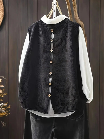 Comfortable Knit Sweater Vest for Women with Round Neck Sleeveless Button Back Oversized Relaxed Style