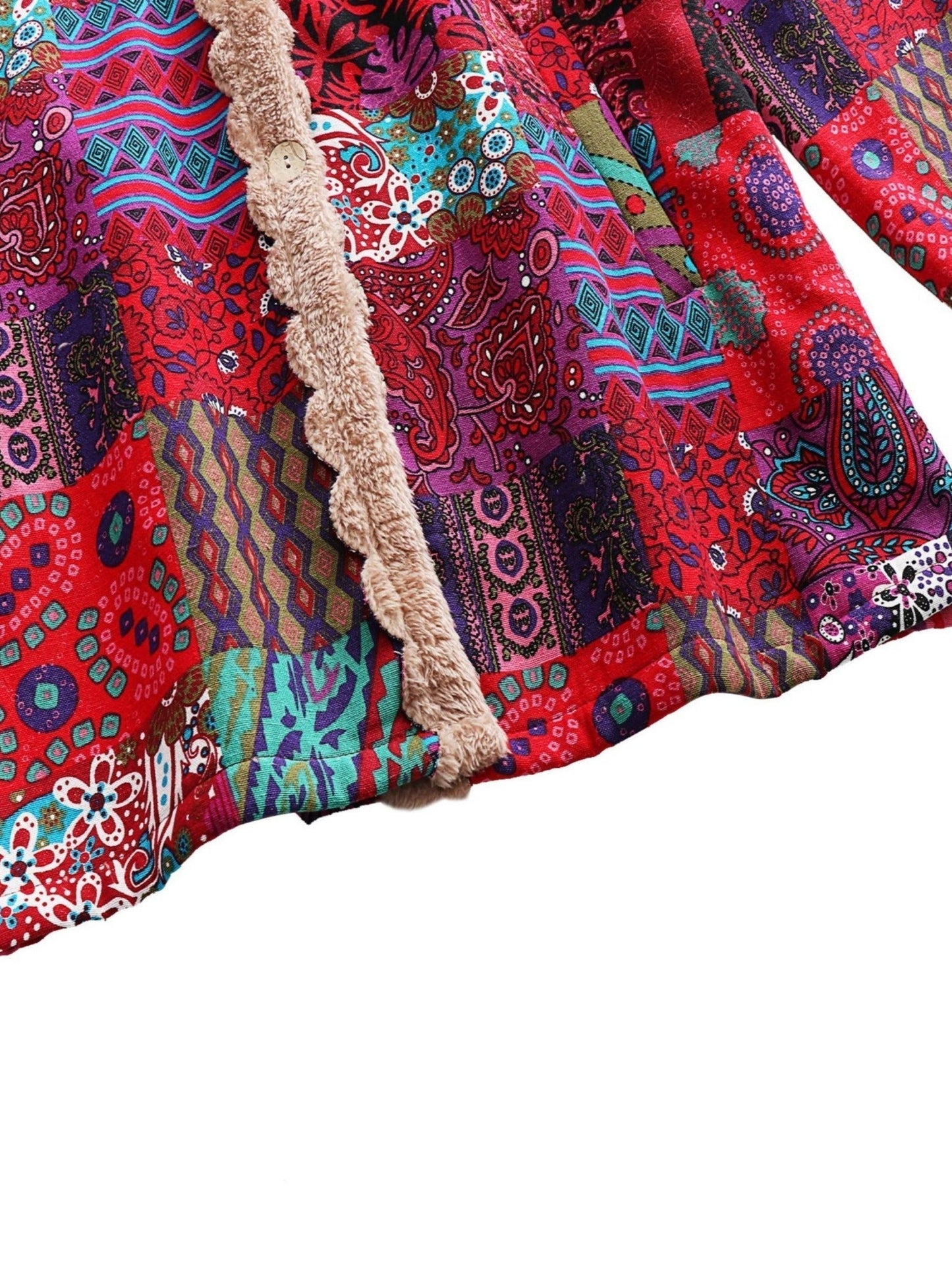 Effortless Patchwork Print Hooded Coat for Women with Fleece Lined Button Front Oversized Bohemian Style