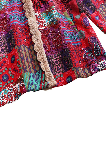 Effortless Patchwork Print Hooded Coat for Women with Fleece Lined Button Front Oversized Bohemian Style