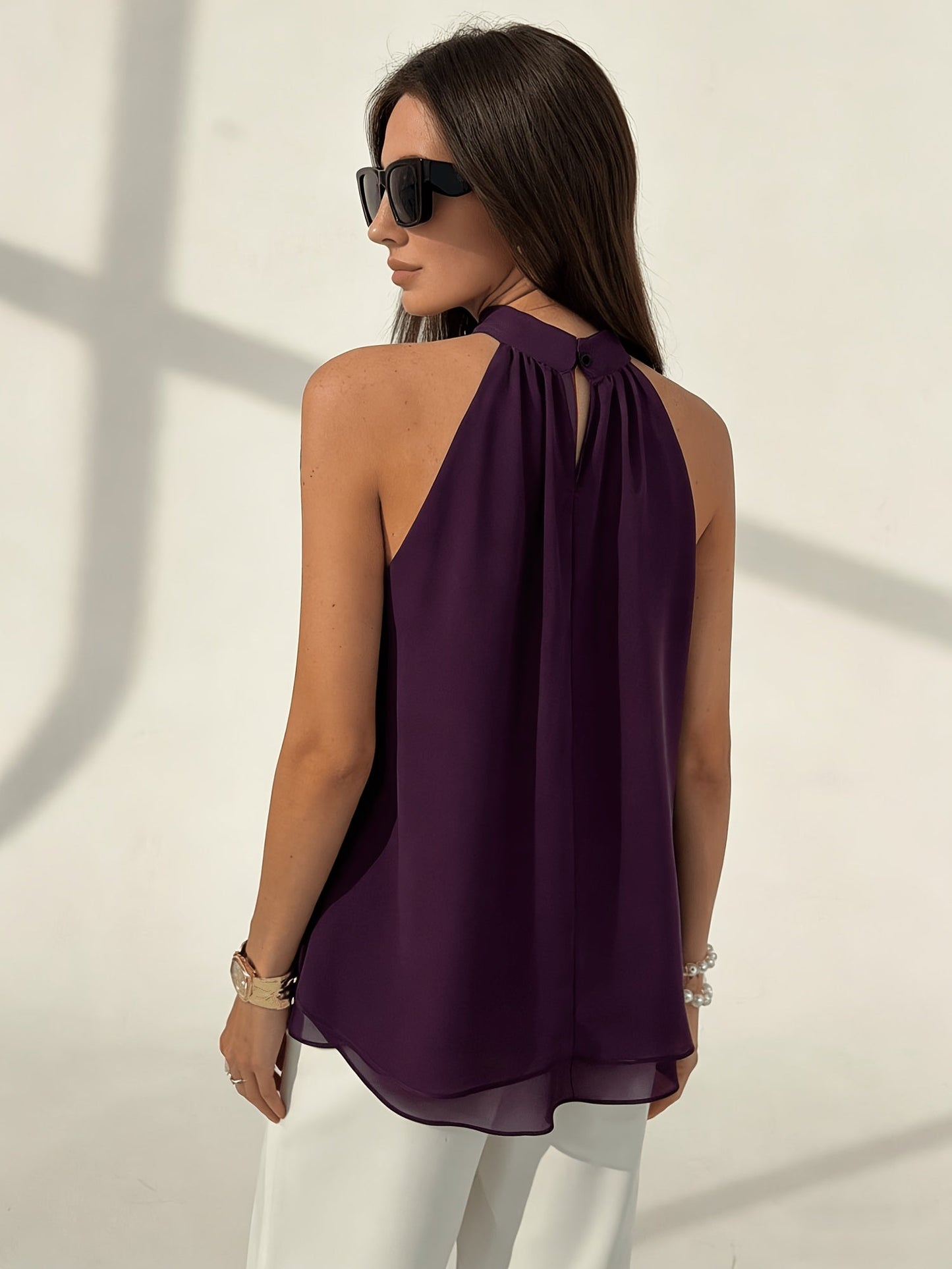 Elegant Purple Chiffon Blouse for Women with Halter Neck Sleeveless Flowing Silky Style