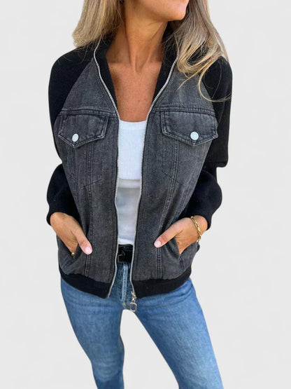 Effortless Denim Jacket for Women with Zip Front Raglan Sleeve Colorblock Casual Style