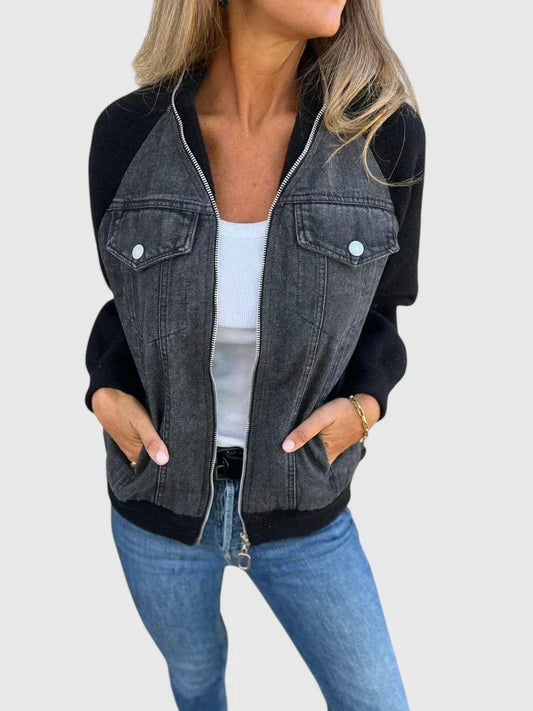 Effortless Denim Jacket for Women with Zip Front Raglan Sleeve Colorblock Casual Style