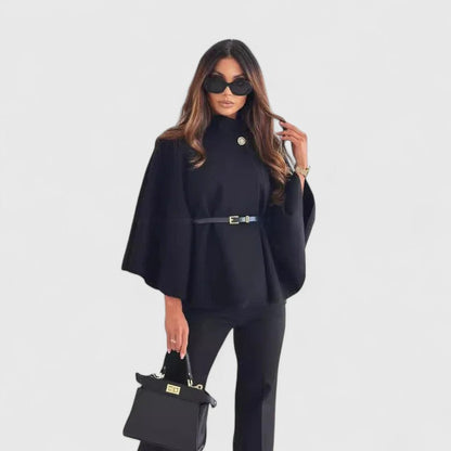 Elegant Textured Poncho for Women with High Neck Bell Sleeve Belted Peplum Style