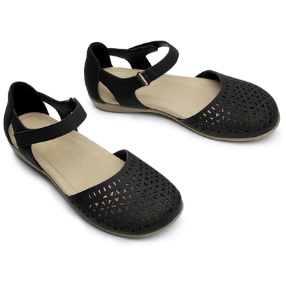 Comfortable Closed Toe Sandals for Women with Laser Cut Ankle Strap Cushioned Flat Style