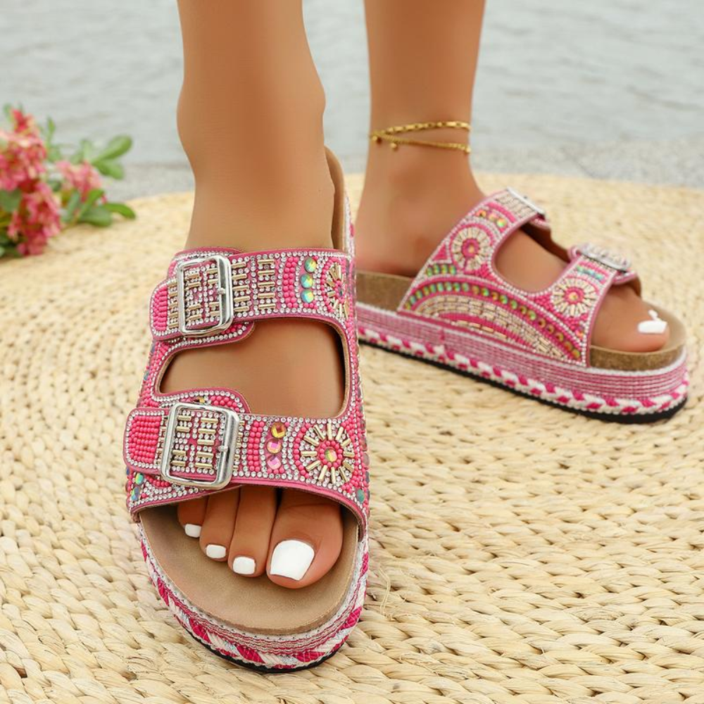Comfortable Slide Sandals for Women with Printed Double Buckle Strap Platform Open Toe Style