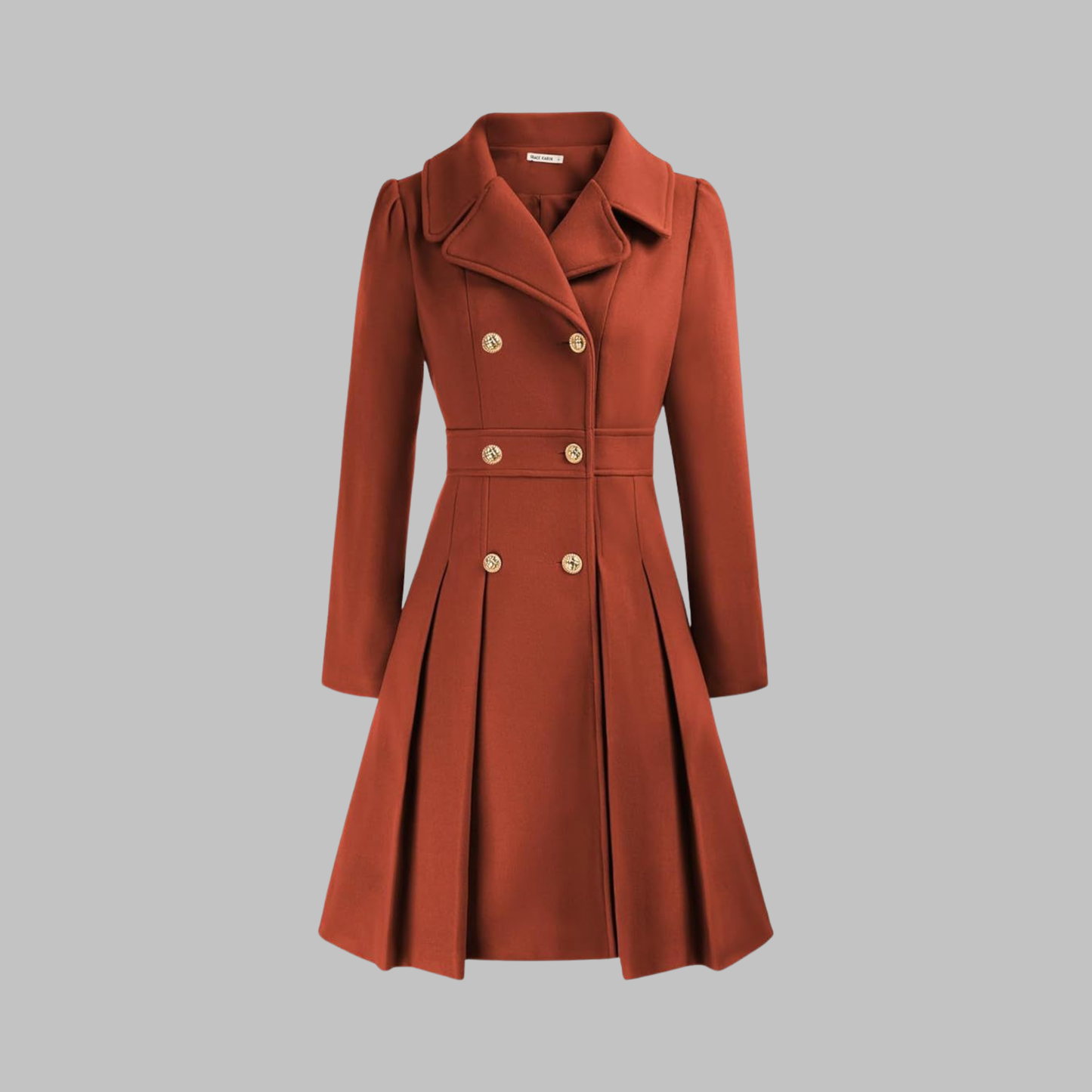 Elegant Wool Coat for Women with Notched Lapel Long Sleeve Double Breasted Pleated Flare Style