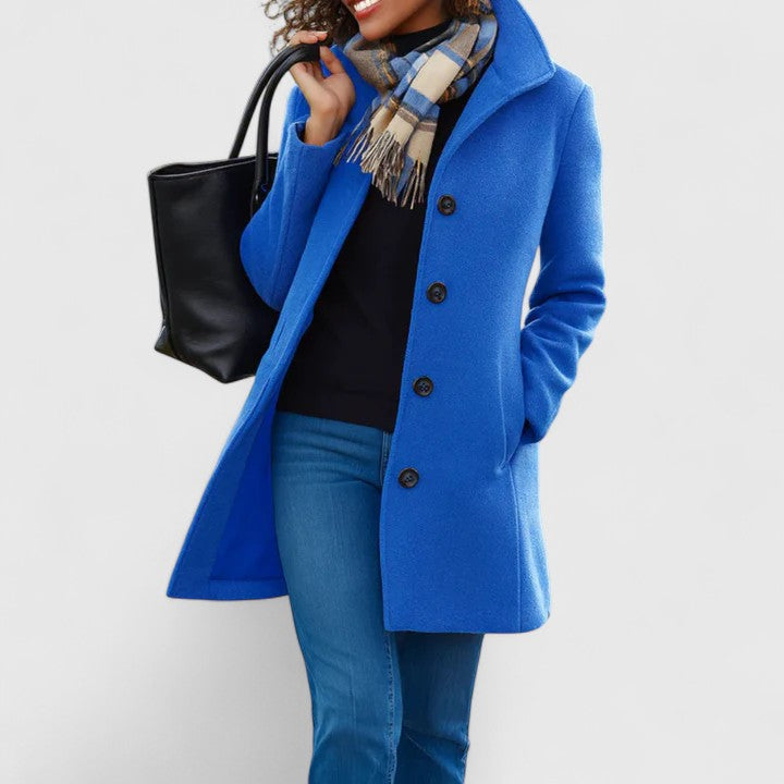Elegant Wool Pea Coat for Women with Notch Collar Long Sleeve Button Front Longline Casual Style