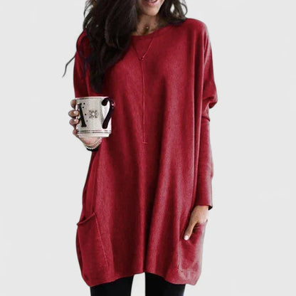 Comfortable Oversized Tunic Top for Women with Round Neck Long Sleeve Relaxed Pocket Casual Style