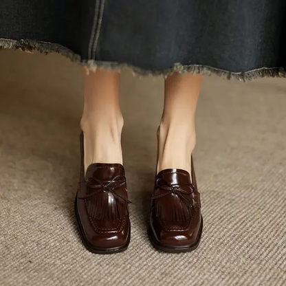 Elegant Patent Leather Tassel Loafer for Women with Round Toe Block Heel Chic Style