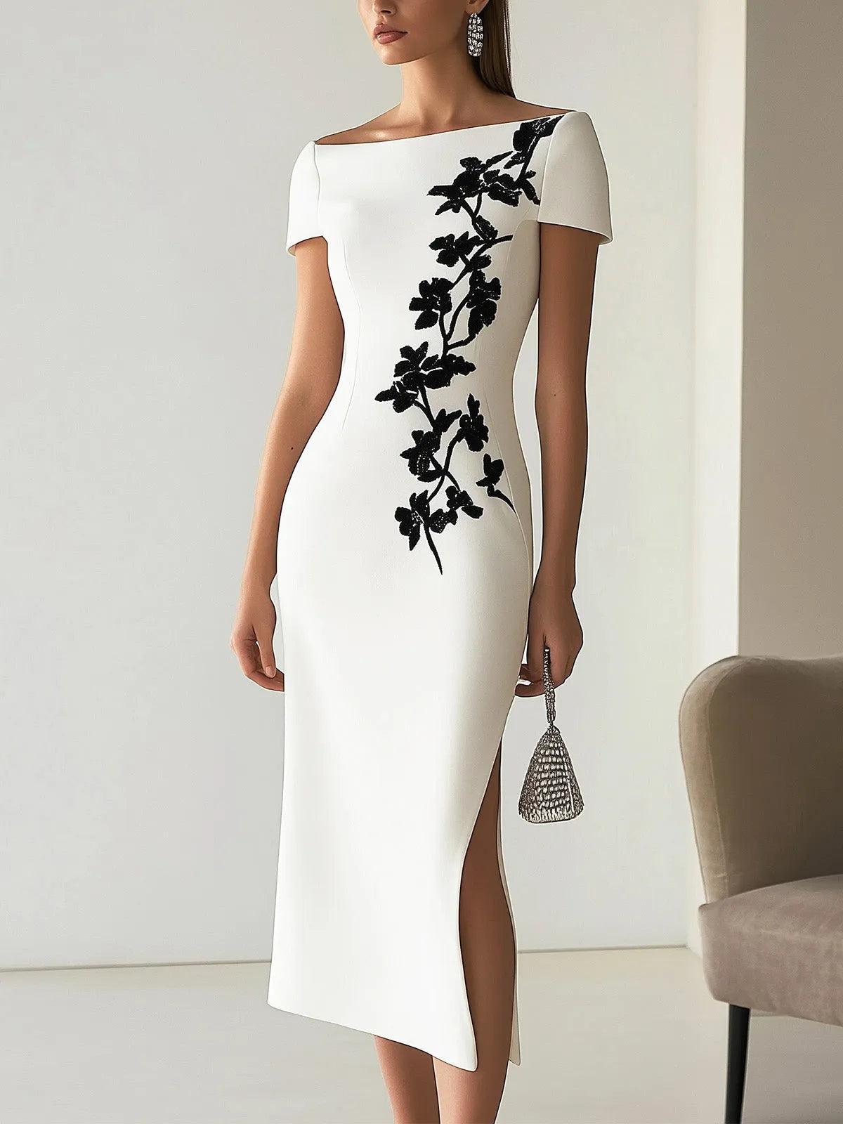 Elegant White Floral Lace Midi Dress for Women with Boat Neck Short Sleeve Bodycon Side Slit Style