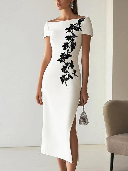 Elegant White Floral Lace Midi Dress for Women with Boat Neck Short Sleeve Bodycon Side Slit Style