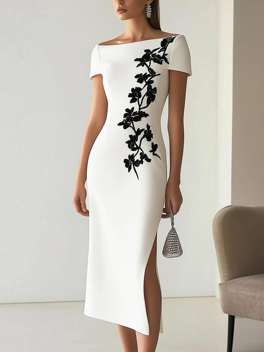 Elegant White Floral Lace Midi Dress for Women with Boat Neck Short Sleeve Bodycon Side Slit Style