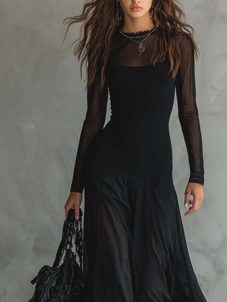 Elegant Black Mesh Maxi Dress for Women with High Neck Long Sleeve Sheer Flowing Gothic Style