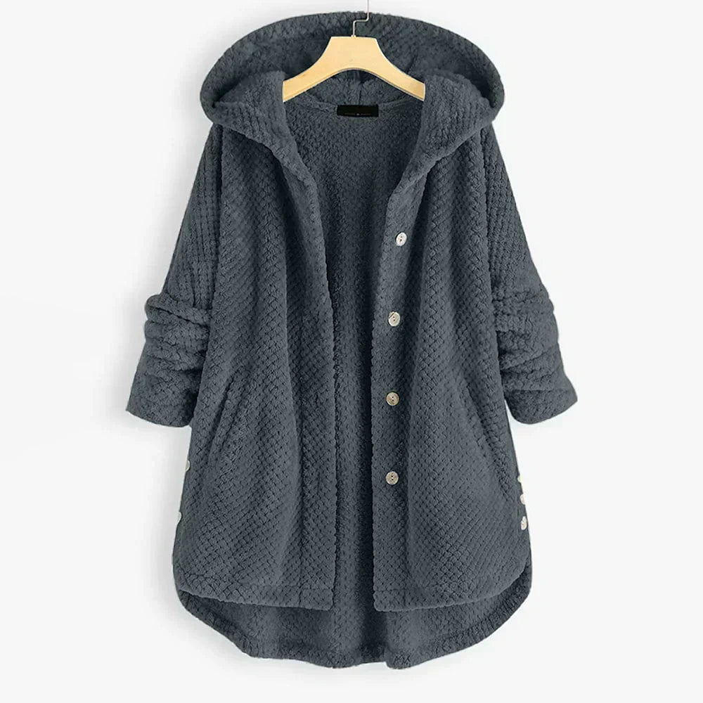 Comfortable Black Corduroy Hooded Coat for Women with Button Front Long Sleeve Oversized High Low Casual Style