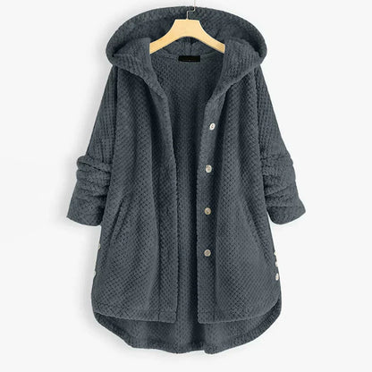 Comfortable Black Corduroy Hooded Coat for Women with Button Front Long Sleeve Oversized High Low Casual Style