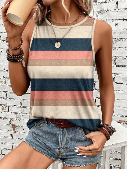 Effortless Striped Colorblock Tank for Women with Crew Neck Sleeveless Relaxed Boho Style