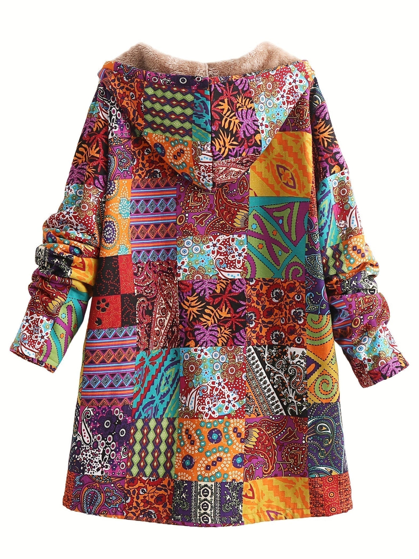 Effortless Patchwork Print Hooded Coat for Women with Fleece Lined Button Front Oversized Bohemian Style