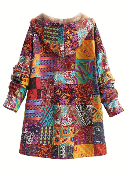 Effortless Patchwork Print Hooded Coat for Women with Fleece Lined Button Front Oversized Bohemian Style